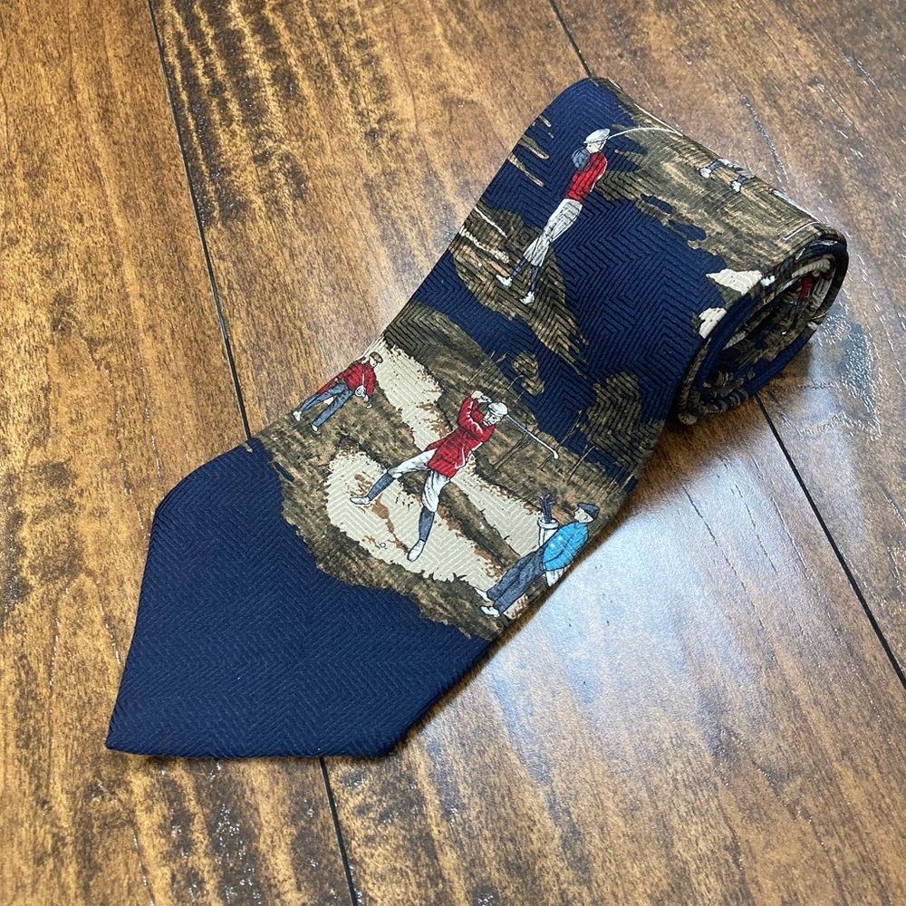BERGERE Men’s Tie “Old Time Golf” Blue Red Black X-Long Vintage